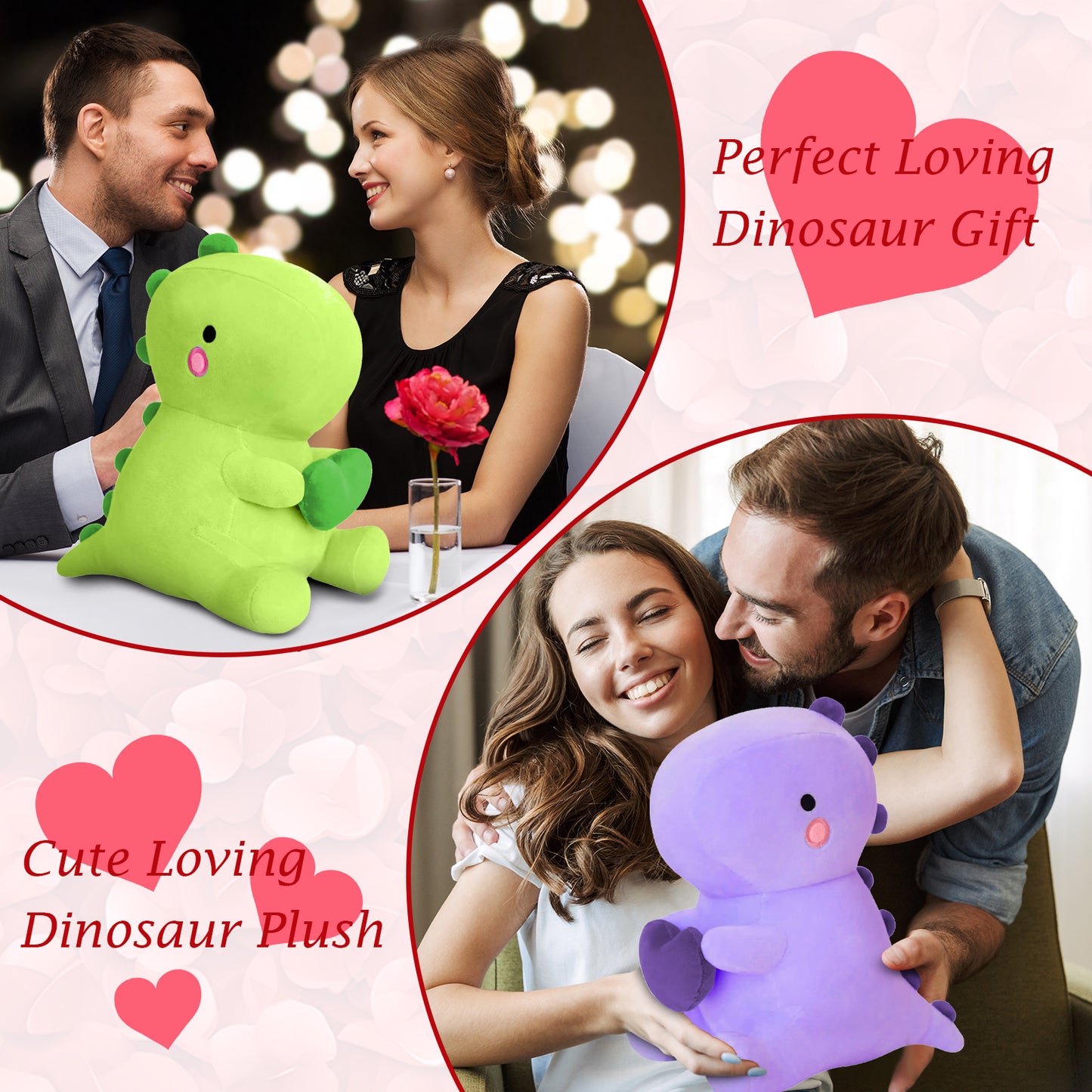 SQEQE dinosaur plush pillow featured in a couple gift scene with multiple dinosaur plush toys
